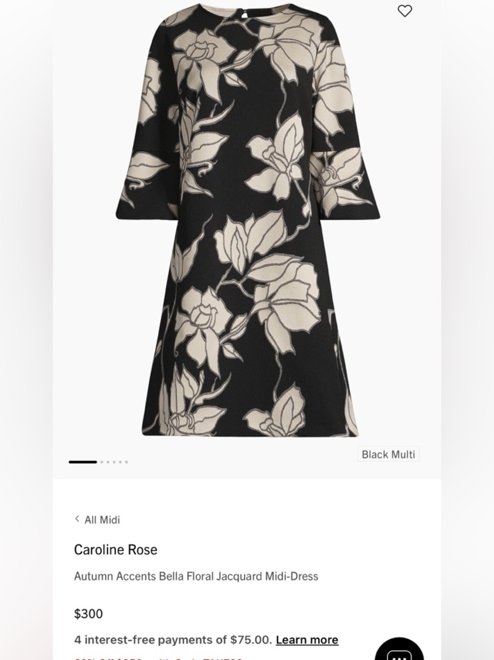 Caroline Rose Floral Black and White Dress NWT Bell sleeve